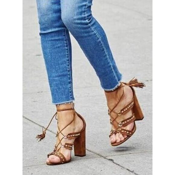 D0 Auth AQUAZZURA FIRENZE Tulum Fringed Cognac Suede Hi Heel Sandals Sz 39 $930 - Picture 2 of 8